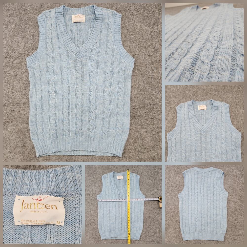 VTG‎ Jantzen Mens M Medium USA Made Cableknit V Neck Preppy Blue Sweater Vest